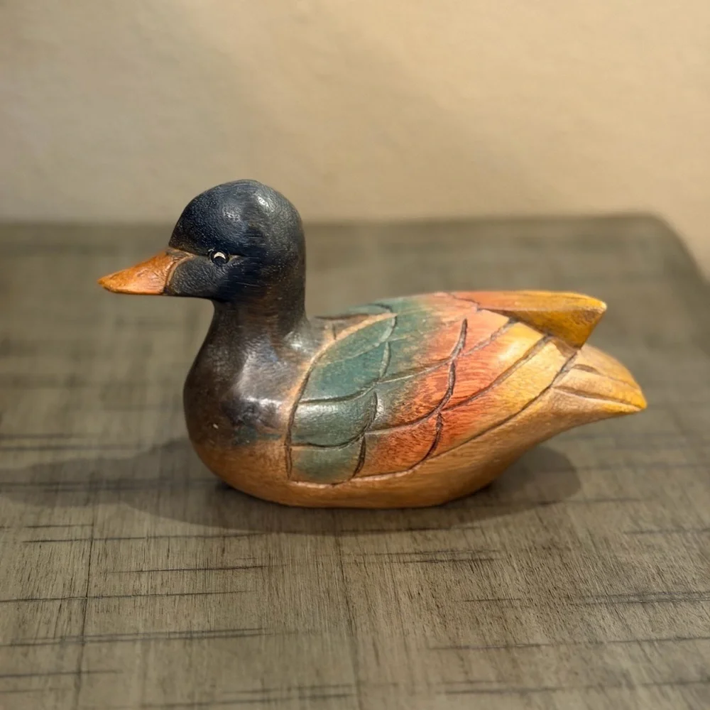 Vintage Hand Carved Colorful Wooden Duck Figurine